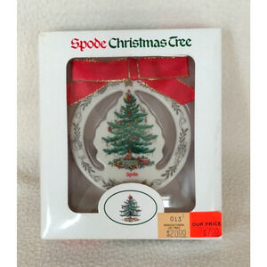 Vintage Spode Christmas Tree in a scalloped wreath red bow Round Ornament NIB